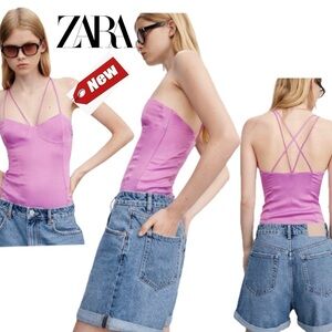 Zara pink satin effect strappy bustier sweetheart neckline bodysuit Sz S NWT